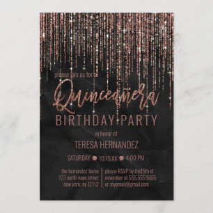 Schwarze Rose Gold Glitzer Pearl Marble Quinceañer Einladung