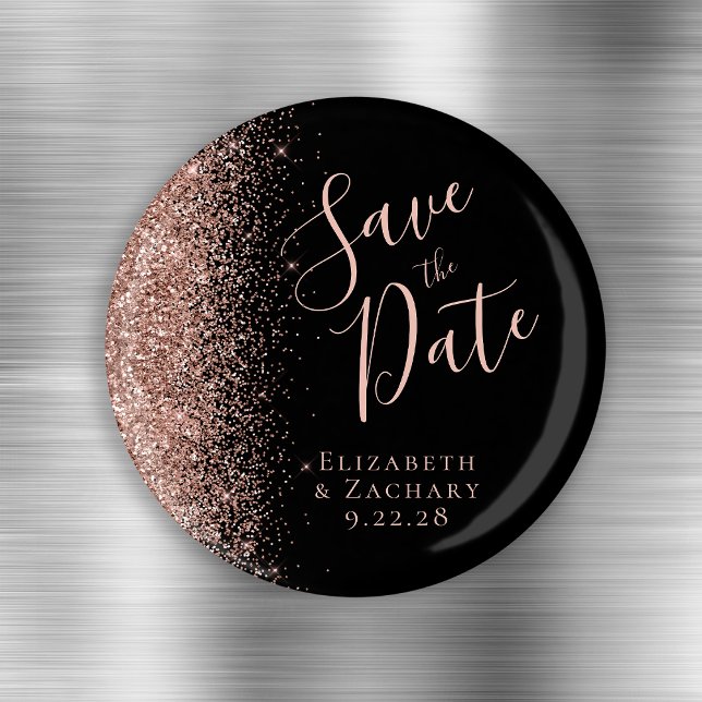 Schwarze Rose Gold Glitzer Script Save the Date Magnet (Von Creator hochgeladen)