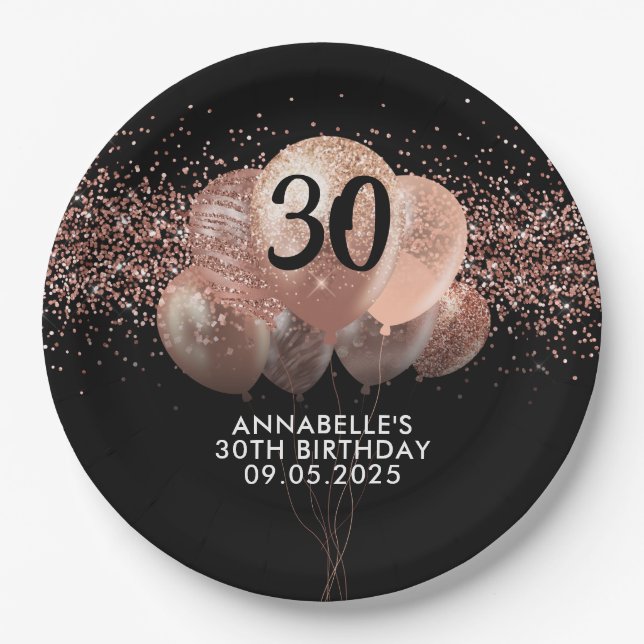 Schwarze Rose Gold Glitzer Sparkone Ballon Geburts Pappteller (Vorderseite)