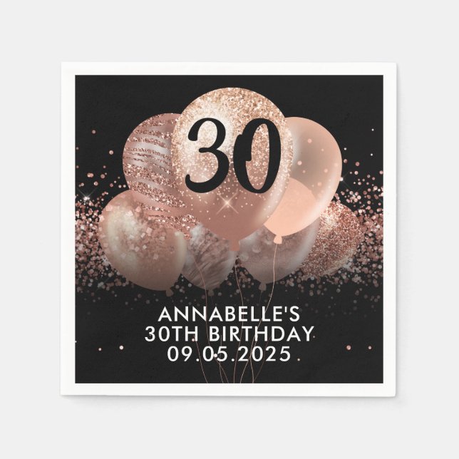 Schwarze Rose Gold Glitzer Sparkone Ballon Geburts Serviette (Vorderseite)