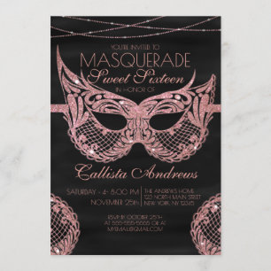Schwarze Rose Gold Glitzer Spitzen Masquerade Swee Einladung