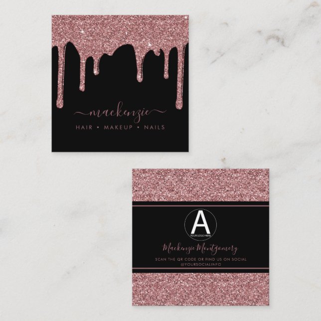 Schwarze Rose Gold Glitzer Tropfen Business-Logo Quadratische Visitenkarte (Vorne/Hinten)