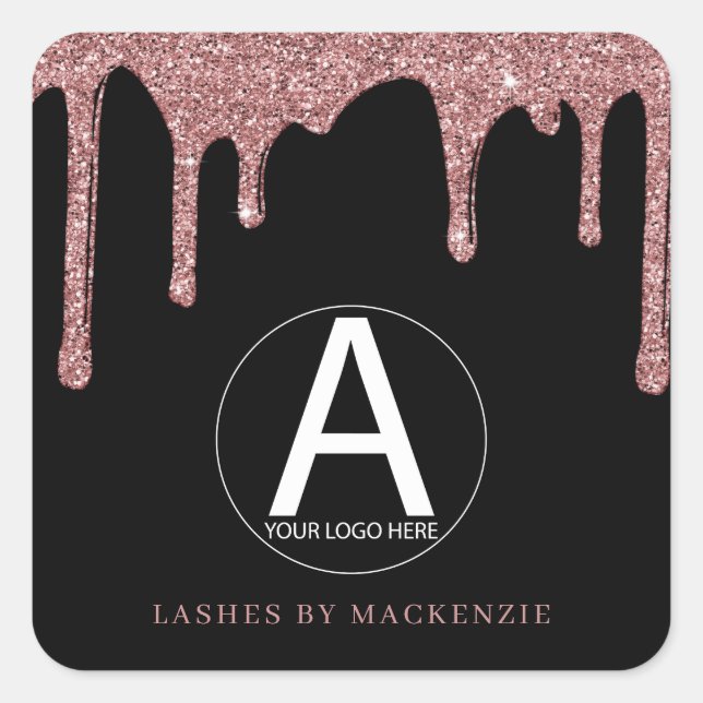 Schwarze Rose Gold Glitzer Tropfen Business-Logo Quadratischer Aufkleber (Vorderseite)