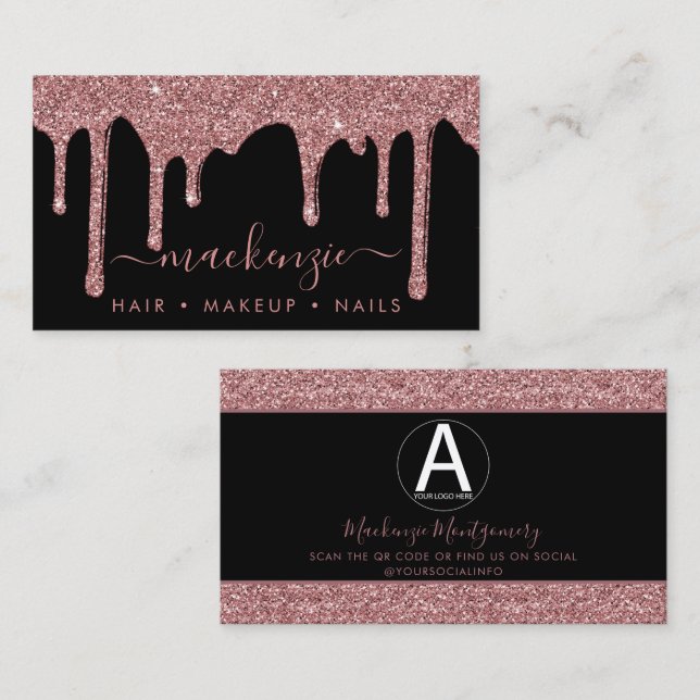 Schwarze Rose Gold Glitzer Tropfen Business-Logo Visitenkarte (Vorne/Hinten)