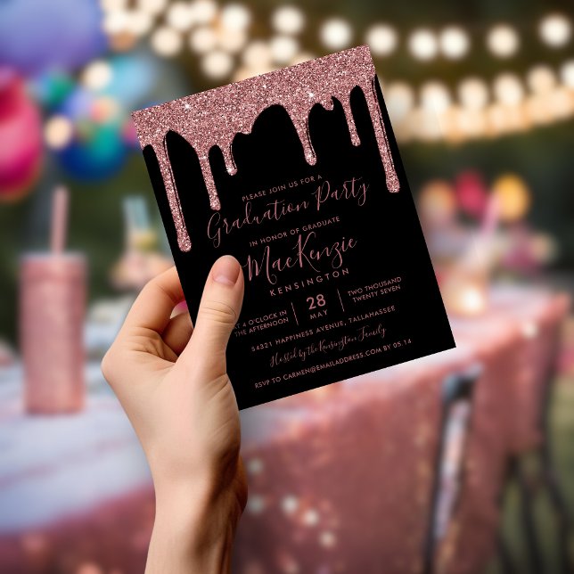 Schwarze Rose Gold Glitzer Tropfen Grad Party (BUDGET Black Rose Gold Glitter Drips Grad Party Invitation)