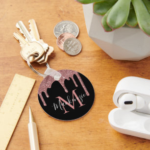 Schwarze Rose Gold Glitzer Tropfen Monogram Schlüsselanhänger