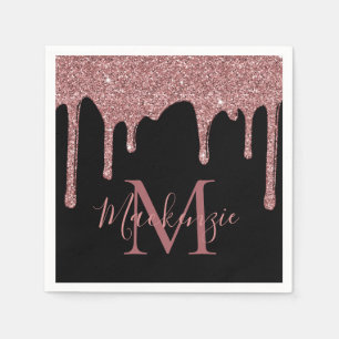Schwarze Rose Gold Glitzer Tropfen Monogram Serviette