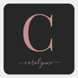 Schwarze Rose Gold Monogram Elegant Script Quadratischer Aufkleber