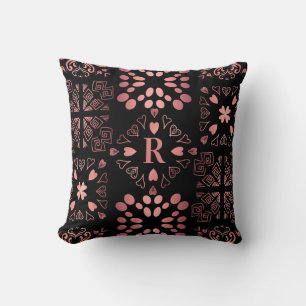 Schwarze Rose Gold Monogram Herzmuster Muster Kissen