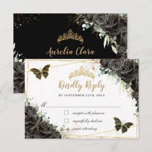 Schwarze Rose Gold Quinceñera Butterfliegen RSVP Karte