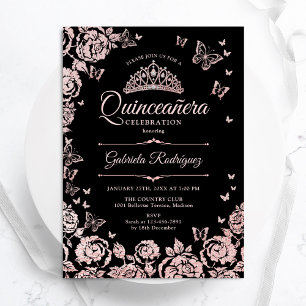 Schwarze Rose Gold Rose Schmetterlinge Quinceanera Einladung