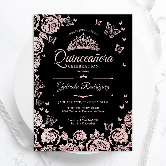 Schwarze Rose Gold Rose Schmetterlinge Quinceanera Einladung (Von Creator hochgeladen)