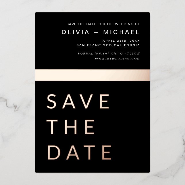Schwarze Rose Gold Save the Date Elegante Moderne Folieneinladung (Vorderseite)