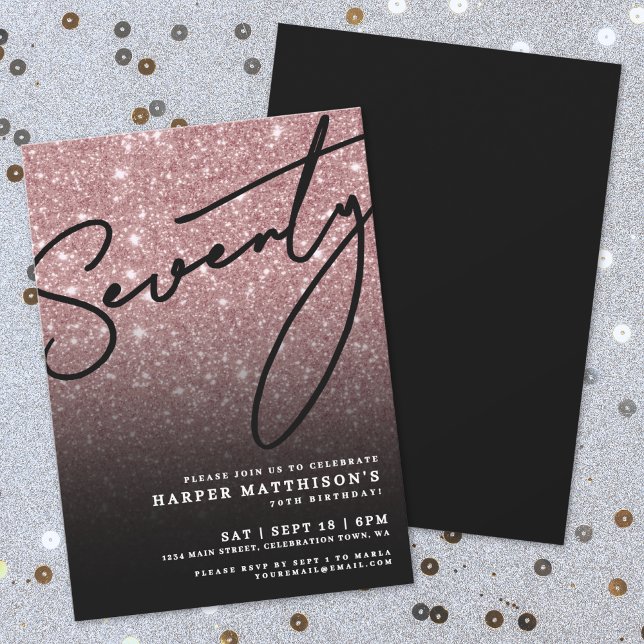 Schwarze Rose Gold Siebzigster 70. Geburtstag Einladung (Black Rose Gold Seventy 70th Birthday Invitation )