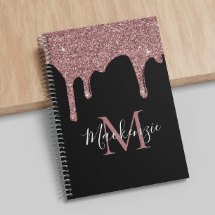 Schwarze Rose Gold Sparkle Glitzer Tropfen Monogra Notizbuch