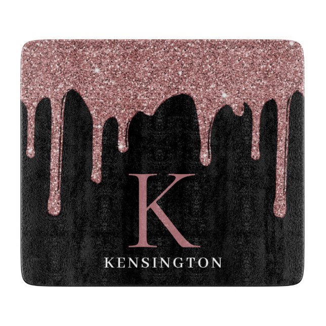 Schwarze Rose Gold Sparkle Glitzer Tropfen Monogra Schneidebrett (Vorderseite)