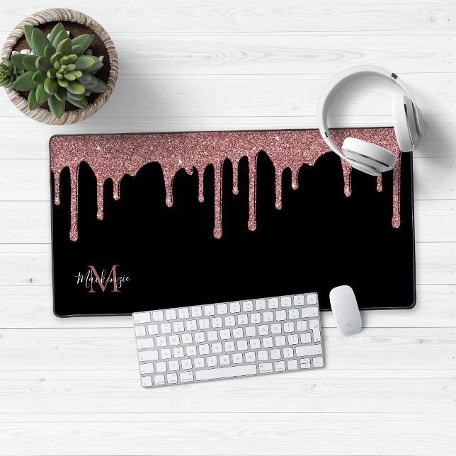 Schwarze Rose Gold Sparkle Glitzer Tropfen Monogra Schreibtischunterlage (Black and Rose Gold Dripping Glitter Desk Mat Gaming Mouse Pad)