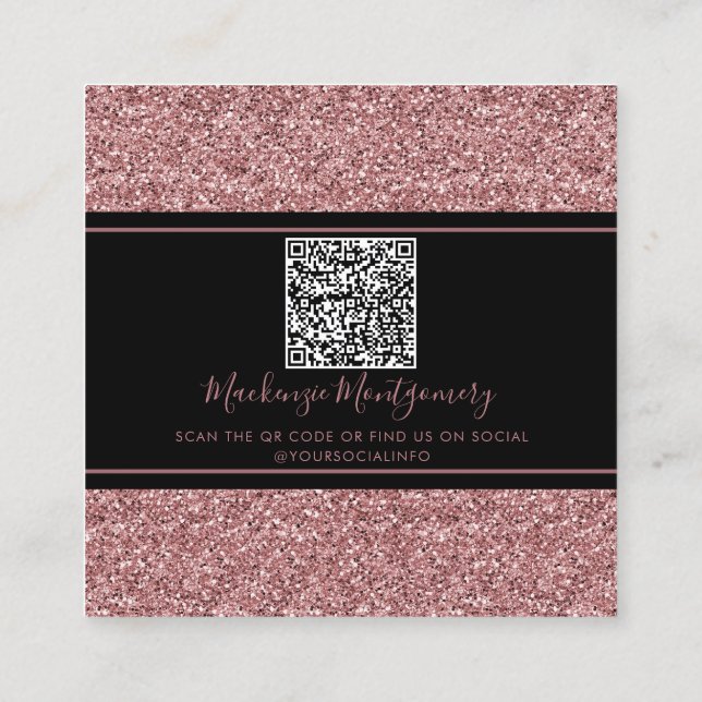 Schwarze Rose Gold Sparkle Glitzer Tropfen QR Code Quadratische Visitenkarte (Rückseite)