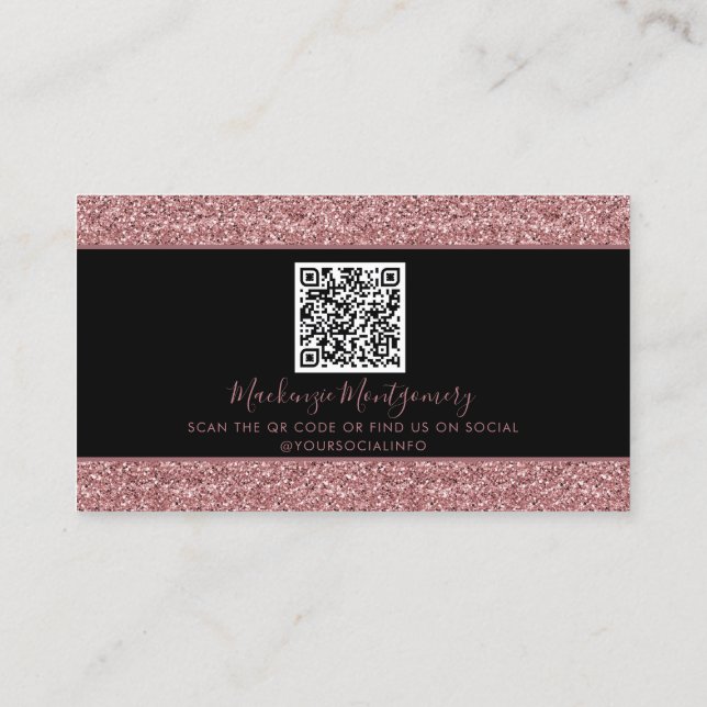 Schwarze Rose Gold Sparkle Glitzer Tropfen QR Code Visitenkarte (Rückseite)