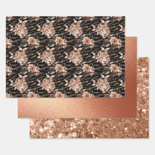 Schwarze Rose Gold Tiger Floral Glam Glitter Geschenkpapier Set