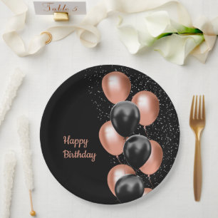 Schwarze Rose Goldener Ballon Chic Pappteller