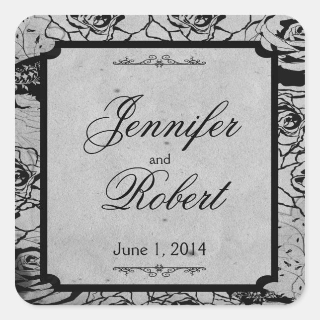Schwarze Rose Gothic Frame Wedding Umschlag Aufkle Quadratischer Aufkleber (Vorderseite)