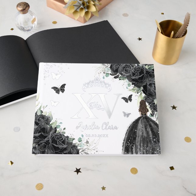 Schwarze Rose Kleid Schmetterlinge Silver Quinceañ Gästebuch (Vorderseite offen)