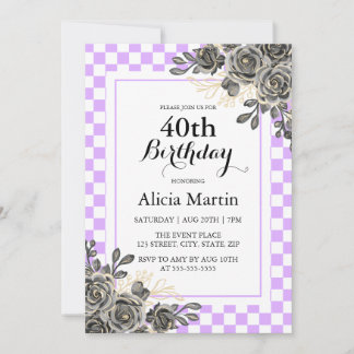 Schwarze Rose Mauve & White Checkered Geburtstag Einladung