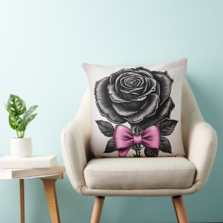 Schwarze Rose mit rosa Bug Krawatte Kissen