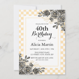 Schwarze Rose Peach & White Checkered Geburtstag Einladung