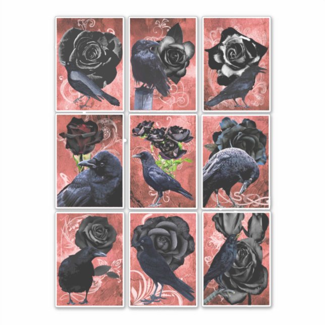 Schwarze Rose-Raben und Krähen Gothic Art Collage Aufkleber (Vorderseite)