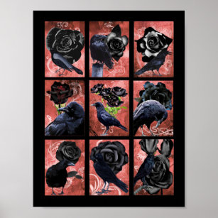 Schwarze Rose-Raben und Krähen Gothic Art Collage Poster