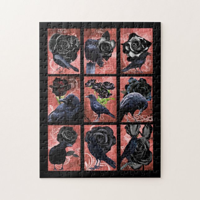 Schwarze Rose-Raben und Krähen Gothic Art Collage Puzzle (Vertikal)