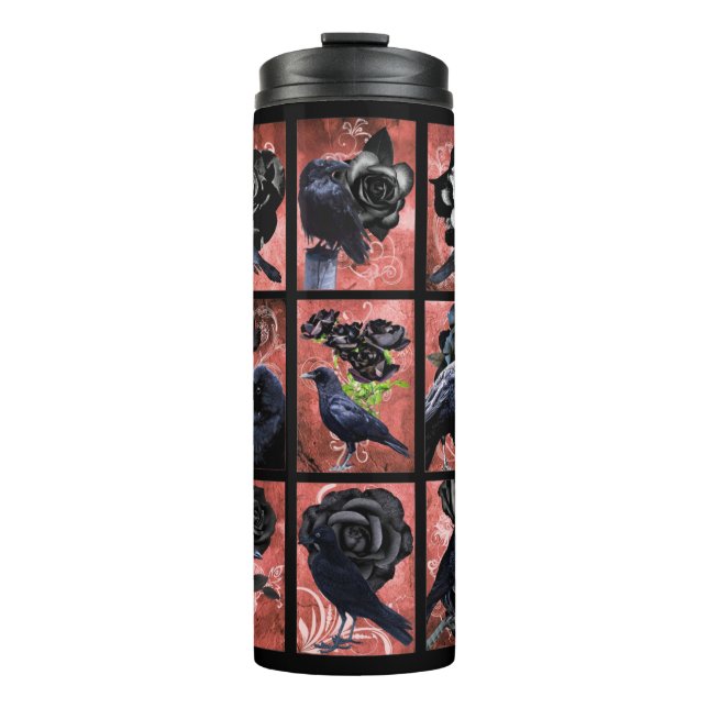Schwarze Rose-Raben und Krähen Gothic Art Collage Thermosbecher (Vorderseite)