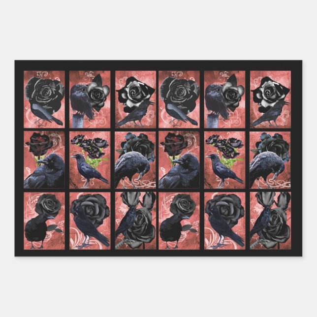 Schwarze Rose Raben und Krähen Gothic Collage Geschenkpapier Set (Vorderseite)