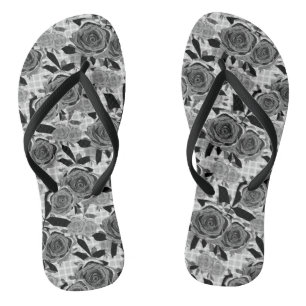 Schwarze Rose, Rose, Schwarz und Grau Flip Flops