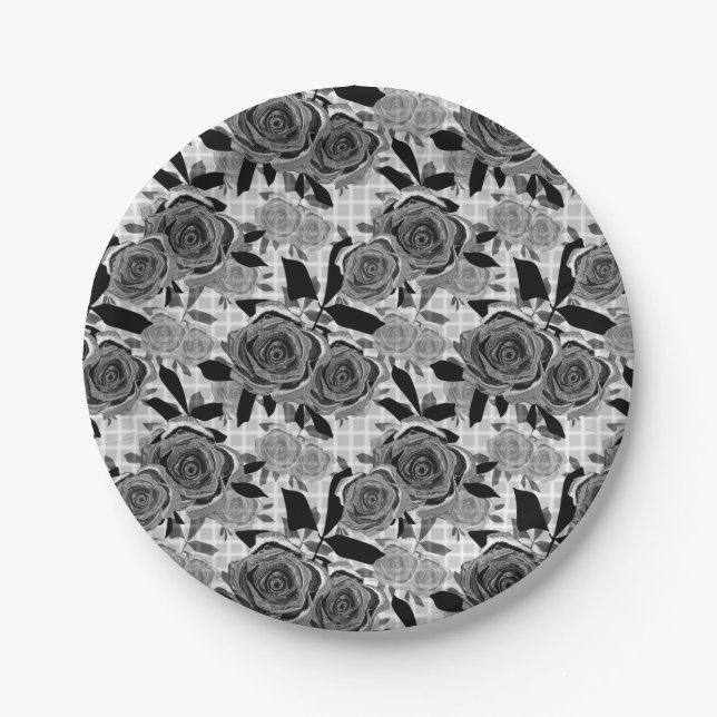 Schwarze Rose, Rose, Schwarz und Grau Pappteller (Vorderseite)