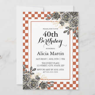 Schwarze Rose Rost & White Checkered Geburtstag Einladung