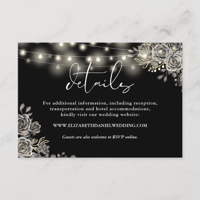 Schwarze Rose String Lights Gothic Wedding Details Begleitkarte (Vorderseite)