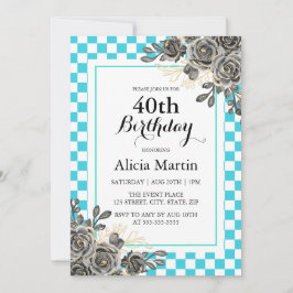 Schwarze Rose Türkis & Weiß Einladung