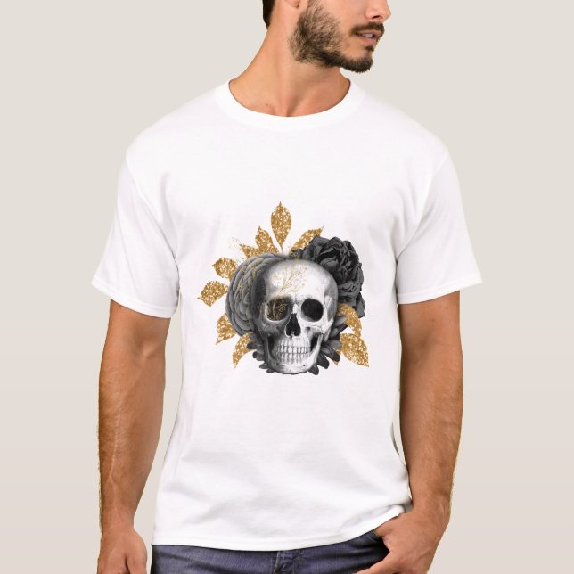 Schwarze Rose und Schädel Gotischer T - Shirt (Vorderseite)