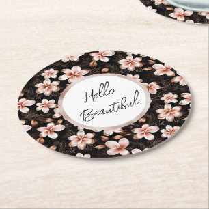 Schwarze Roségoldene Florale Personalisierte Runder Pappuntersetzer