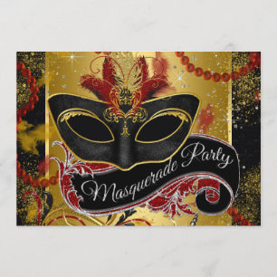 Schwarze Rot und Gold Maskenparty Einladung