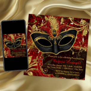 Schwarze Rot und Gold Maskenparty Einladung