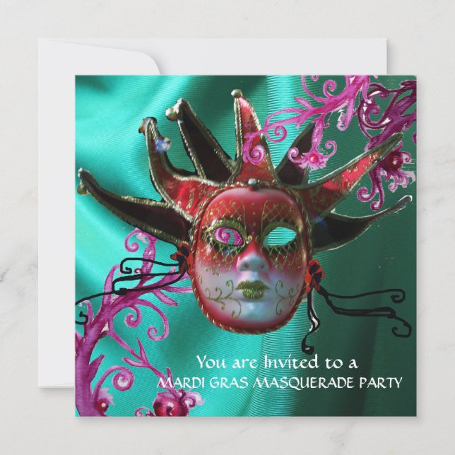 SCHWARZE ROTE FUCHSIA JESTER MASK ,Party Masquerad Einladung (Vorderseite)