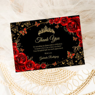 Schwarze rote goldene Quinceanera Dankeskarte