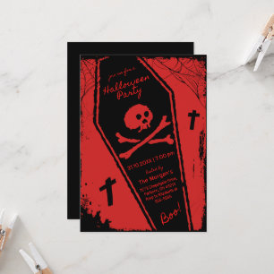 Schwarze & rote handgezeichnete Sarg-Halloween-Par Einladung