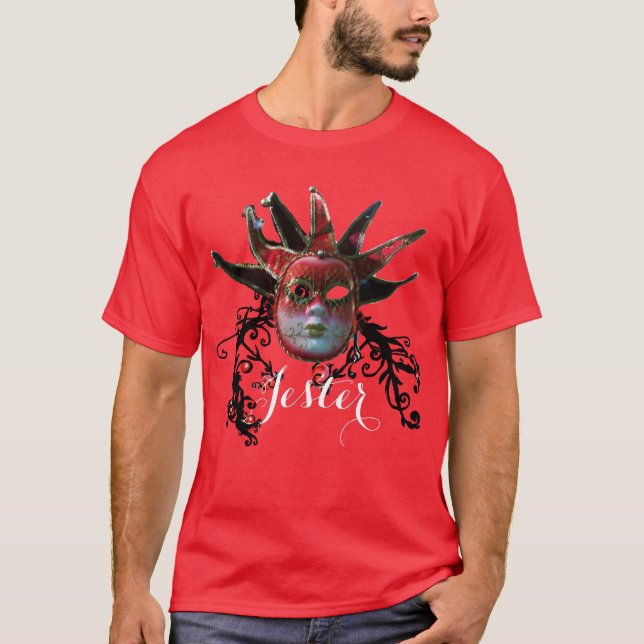 SCHWARZE ROTE JESTERMASK, BLUMENFANG WIRBEL Masque T-Shirt (Vorderseite)