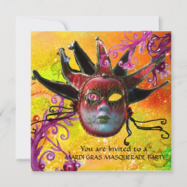 SCHWARZE ROTE JESTERMASK ,Party Masquerade Einladung (Vorderseite)