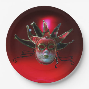 SCHWARZE ROTE JESTERMASK ,Party Masquerade Pappteller